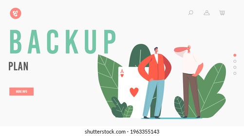 Backup Plan Landing Page Template. Cheating Trick, Advantage in Business or Career. Tiny Businessmen Characters Communicate, Unfair Competition with Ace in Sleeve. Cartoon People Vector Illustration