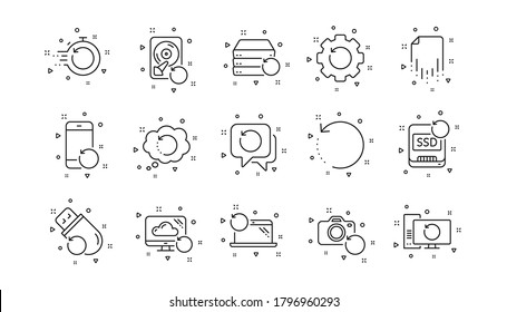 Backup, Restore data and recover file. Recovery line icons. Laptop renew, drive repair and phone recovery icons. Linear set. Geometric elements. Quality signs set. Vector