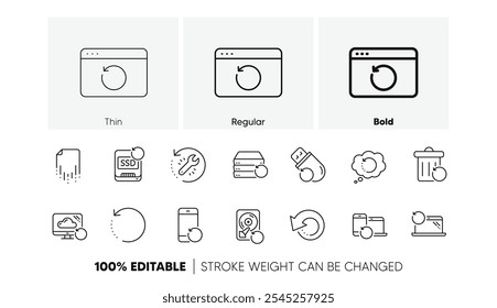 Copia de seguridad, restaurar datos y recuperar archivos. Iconos de línea de recuperación. Renovar de la computadora portátil, reparación de la unidad e íconos de recuperación del teléfono. Conjunto lineal. Conjunto de iconos de línea. Vector