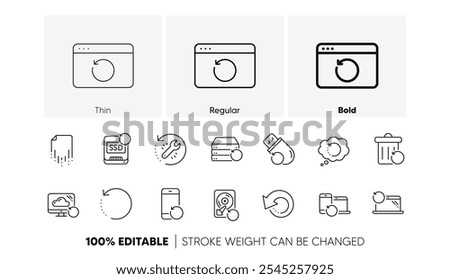 Backup, Restore data and recover file. Recovery line icons. Laptop renew, drive repair and phone recovery icons. Linear set. Line icons set. Vector