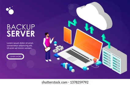 Backup server, online backup storage, secondary system server concept. landing web page template.