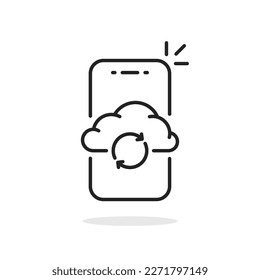 backup service with thin line phone and cloud. linear trend modern graphic stroke design workflow logotype web element isolated on white. concept of data transaction pictogram or info database sign