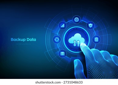 Copia de seguridad de datos de almacenamiento. Concepto de negocio de tecnología de copia de seguridad en la nube de datos empresariales en línea. Sincronización de base de datos. Conexión en línea. Wireframe mano tocando la interfaz digital. Ilustración vectorial.
