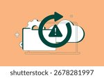 Backup warning recovery process with error reload icon and system alert over cloud and device elements to illustrate data protection. Disaster cloud data recovery, system restore vector illustration