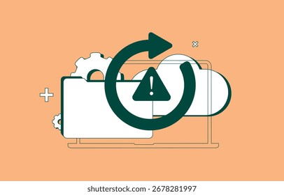 Processo de recuperação de aviso de backup com ícone de recarregamento de erro e alerta do sistema sobre elementos de nuvem e dispositivo para ilustrar a proteção de dados. Recuperação de dados em nuvem em caso de desastre, ilustração do vetor de restauração do sistema