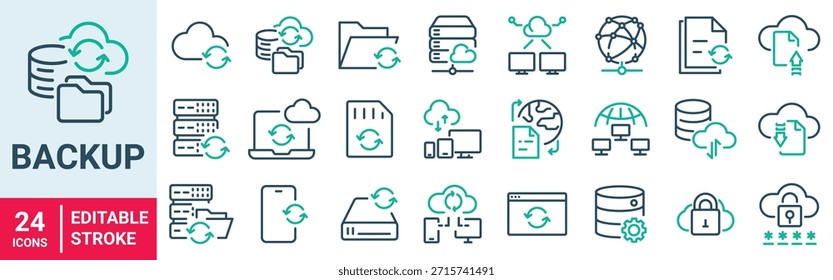 Sichern Sie die Symbole der Webzeile. Webhosting. Server, Rechenzentrum, Cloud Hosting, vps, Domain, ftp, Internet. Bearbeitbarer Strich. Vektorgrafik