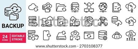 Backup web line icons. Web Hosting. server, data center, cloud hosting, vps, domain, ftp, internet. Editable stroke. Vector illustration