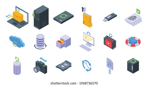 Backups icons set. Isometric set of backups vector icons for web design isolated on white background