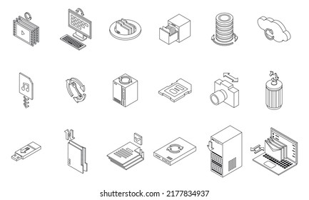 Iconos de copias de seguridad configurados. Conjunto isométrico de copias de seguridad iconos vectoriales contorno delgado de línea en blanco aislado