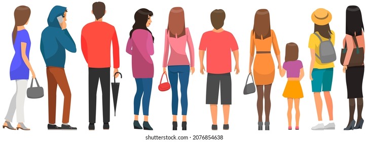 Backview of people looking at something. Men and women in different clothes stand with their backs to viewer. Characters are standing and waiting. Backs of adults and children vector illustration