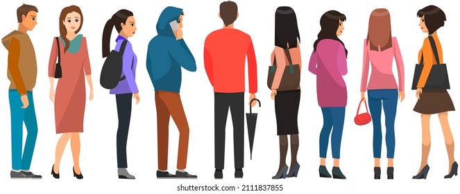 Backview of people looking at something. Men and women in different clothes stand with their backs to viewer. Characters are standing and waiting. Backs of adults and children vector illustration