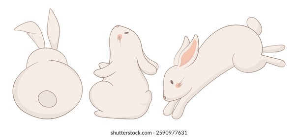 Back-view, sleeping, and jumping bunny icon. One rabbit is shown from behind, another is curled up asleep, and the third is leaping. A balanced and simple animal illustration