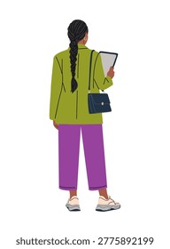 Backview of a woman with a long braid. She wears a green jacket and purple pants. Her hand holds a document folder. She carries a dark blue purse. Light-colored sneakers complete her outfit