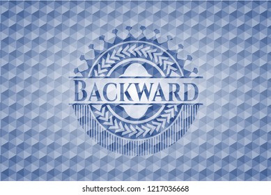 Backward blue emblem or badge with abstract geometric pattern background.