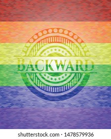 Backward emblem on mosaic background with the colors of the LGBT flag