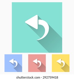 Backward - icon is white with long shadow, flat design. Vector illustration.