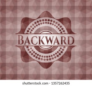 Backward red seamless badge with geometric pattern background.