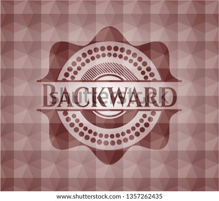 Backward red seamless badge with geometric pattern background.