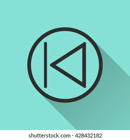 Backward vector icon with long shadow. Black illustration isolated on green background for graphic and web design.