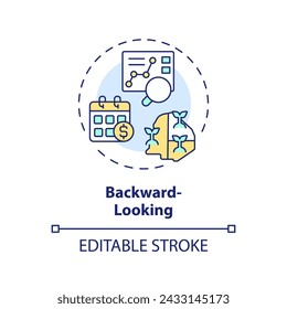Backward-looking multi color concept icon. Economical predictions. Market data analysis. Financial metrics. Round shape line illustration. Abstract idea. Graphic design. Easy to use in brochure