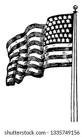 Backwards United States Flag, this flag has horizontal stripes and stars in top right corner of flag, vintage line drawing or engraving illustration