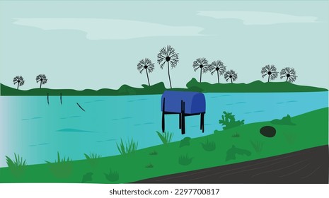 Backwater scenery of kerala vector illustration.Tourist destination of kerala.Landscape art.