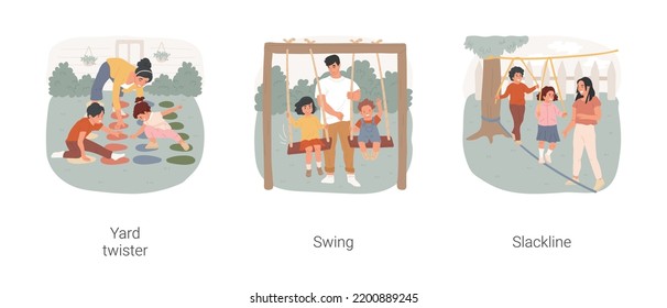 Backyard activities isolated cartoon vector illustration set. Family playing twister, outdoors entertainment, summer backyard game, child sit on swing, slackline for kid, playground vector cartoon.