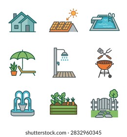 Backyard amenities and garden features icon set.