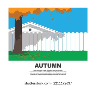 Backyard in autumn season with tree and falling leaf on the grass beside white paling and neighbor's house in sunny day