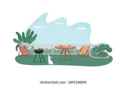 Backyard Barbecue 2D Vector Web Banner, Poster. Weekend Recreation Outdoors. Empty Yard With Grill And Food On Table Flat Scene On Cartoon Background. BBQ Party Printable Patch, Colorful Web Element