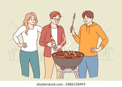 Fiesta de barbacoa en el patio trasero para amigos o vecinos asando carne y bebiendo cerveza. Fiesta de barbacoa en el parque por dos hombres y una mujer disfrutando al aire libre o la oportunidad de charlar con antiguos compañeros de clase