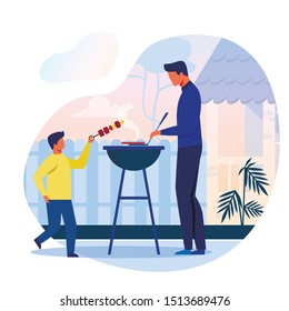 Backyard Barbecue, Picnic Flat Vector Illustration. Father and Son Cooking Meat Together Cartoon Characters. Young Man Roasting Steak on Grill. Little Boy Holding Shashlik, Kebab. Family Barbeque