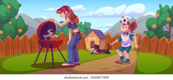 Backyard barbecue scene with young woman grilling at kettle while energetic girl plays soccer nearby. Small dog resting next to wooden home kennel in garden setting with mountains on background.