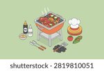 Backyard barbecue setup featuring a charcoal grill with food, skewers, sauces, chef hat, and fresh vegetables.