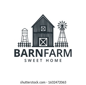 backyard barn farm house storage hangar with fence windmill and water torrent tower vector logo design template