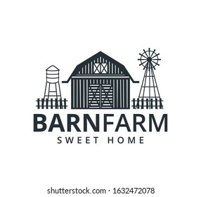 backyard barn farm house storage hangar with fence windmill and water torrent tower vector logo design template