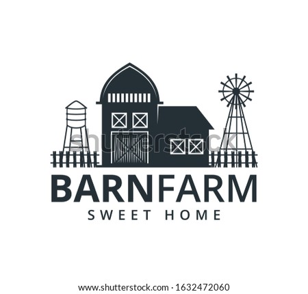 backyard barn farm house storage hangar with fence windmill and water torrent tower vector logo design template