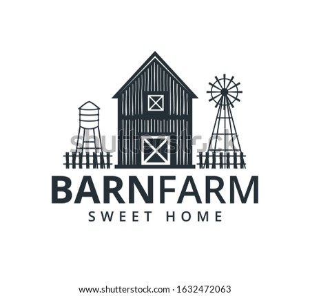 backyard barn farm house storage hangar with fence windmill and water torrent tower vector logo design template