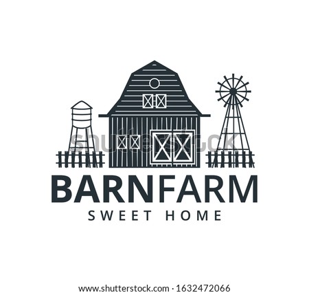 backyard barn farm house storage hangar with fence windmill and water torrent tower vector logo design template
