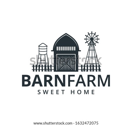 backyard barn farm house storage hangar with fence windmill and water torrent tower vector logo design template