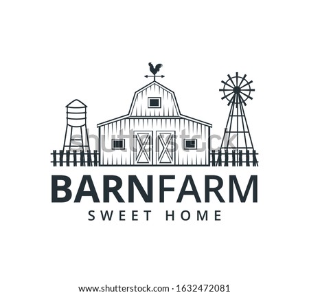 backyard barn farm house storage hangar with fence windmill and water torrent tower vector logo design template