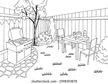 Backyard Bbq Garden Party Graphic Black White Sketch Illustration Vector