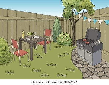 Gráfico de dibujo gráfico del partido del jardín del patio trasero bbq