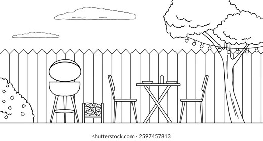 Backyard bbq garden party graphic black white sketch illustration vector 