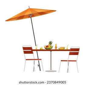 Backyard bbq grill design element. Umbrella, table and chairs. Home backyard barbecue equipment. Vector cartoon illustration