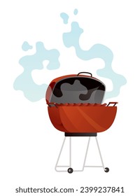 Backyard bbq grill design element. Smoking charcoal grill. Home backyard barbecue equipment. Vector cartoon illustration