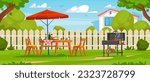 Backyard BBQ party background. Food and drinks on the table under an umbrella, chairs, and a grill in the garden of a house in summer. Cooking meat on a barbecue. Cartoon vector illustration.
