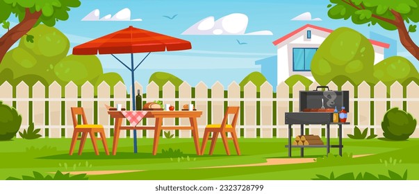 Backyard BBQ party background. Food and drinks on the table under an umbrella, chairs, and a grill in the garden of a house in summer. Cooking meat on a barbecue. Cartoon vector illustration.