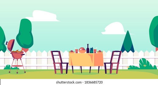 Backyard bbq party and picnic with grilled meat and beverages outside house. Outdoors eating in green nature at home yard, flat cartoon vector illustration