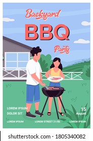 Plantilla vectorial plana de afiches bbq de patio trasero. Barbacoa en el patio de la casa para el tiempo familiar. Folleto, folleto diseño de un concepto de página con personajes de dibujos animados. Volante de actividades de recreación de vacaciones, folleto